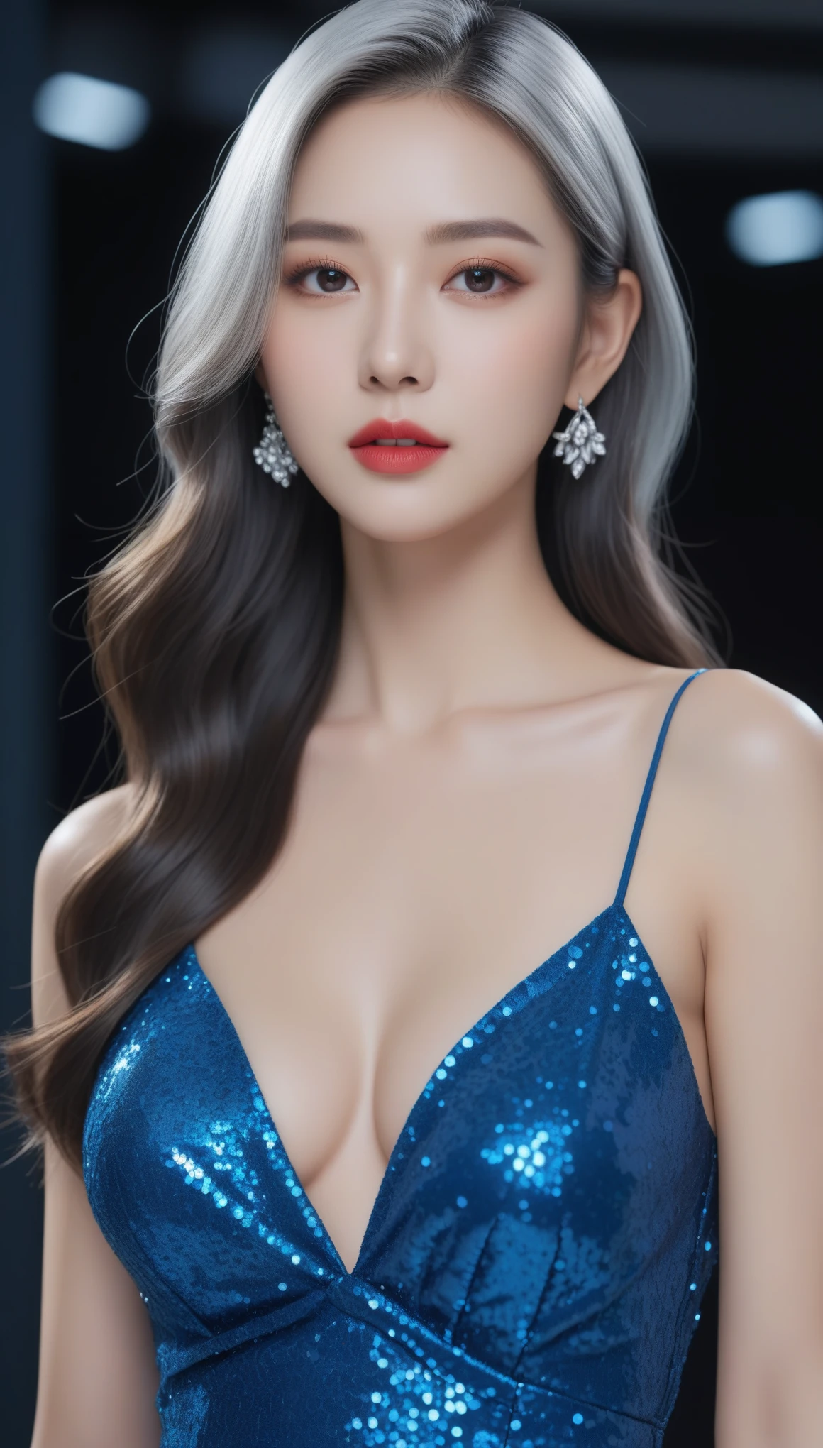 Top quality work,Photorealistic works,Ultra Premium Graphics,8K HD CG works,High-quality graphics,High-definition fine CG works,10x pixel,Ultra-fine details:1.1,Advanced technical details:1.1Photographically realistic,Indoor lighting effects:1.5,Natural light:1.5. light effect(Virtual LightEffects:1.8),,Super A high resolution,Shiny Blue Dress,Long silver hair,Silver hair,Transparent hair,High Detail Hair(Premium Hair Detail:1.1)Clear eyes,Good looking double eyelids,Sharp eye makeup, Delicate makeup for eyelashes, Thin eyebrows, ultradetailed eyes,High Nose, lovely red lips, Rose cheeks, Face with delicate makeup , Pretty Face, A perfectly proportioned face,(Advanced facial details:1.1)Collection of shiny blue luxury dresses,Blue Sequin Dresses,Sequin coat,shiny,Tight long skirt,Summer Sexy Hip Wrap Fishtail Sleeveless Commuter Maxi,Horse Stockings 100%Oil Gloss Panst Gloss Silk Luster 8D Black Silk Woman,stiletto heels,mitts,Beautiful long dresses,wonderful dress,Bright Red Series,Haute Couture Dresses Collection,Dress Photography,Authentic dress works,In the banquet hall,Women's Artwork,full-body view,Goddess ofDress,,Realism,amazing,Today's eyes are bright