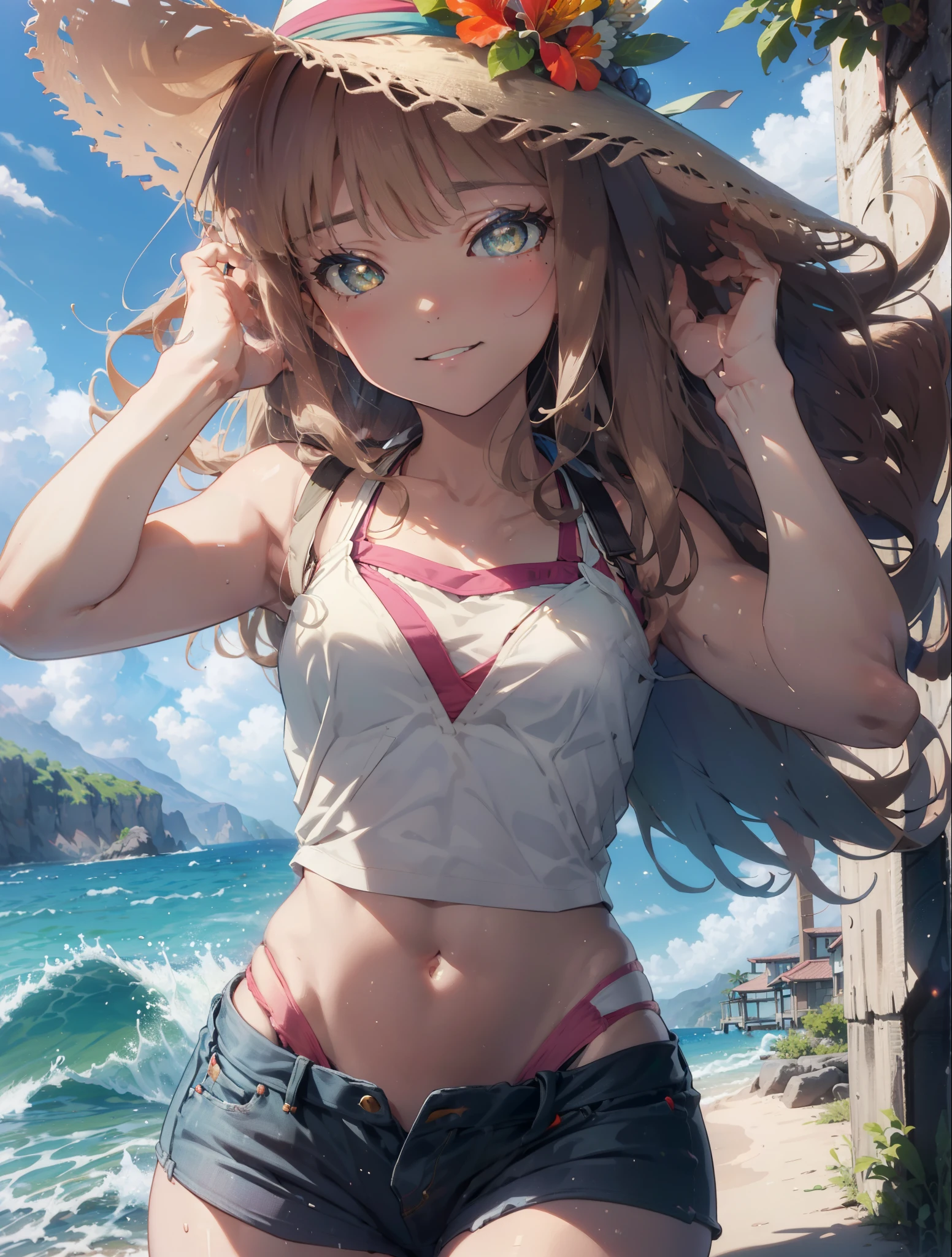 Tropical Dream Bud,Tropical Dream Bud　sss Dynazenon ,brown hair,long hair,green eyes,big straw hat,smile,blush,hibiscus hair ornament,blue bikini swimsuit,barefoot,ビーチのsandy beachを散歩しながら,Sky blue hair fluttering in the wind,(cowboy shot:1. 5)
rest outdoors, sandy beach,seaside, (masterpiece:1.2), highest quality, High resolution, unity 8k wallpaper, (shape:0.8), (thin and beautiful eyes:1.6), highly detailed face, perfect lighting, Very detailed CG, (perfect hands, perfect anatomy),