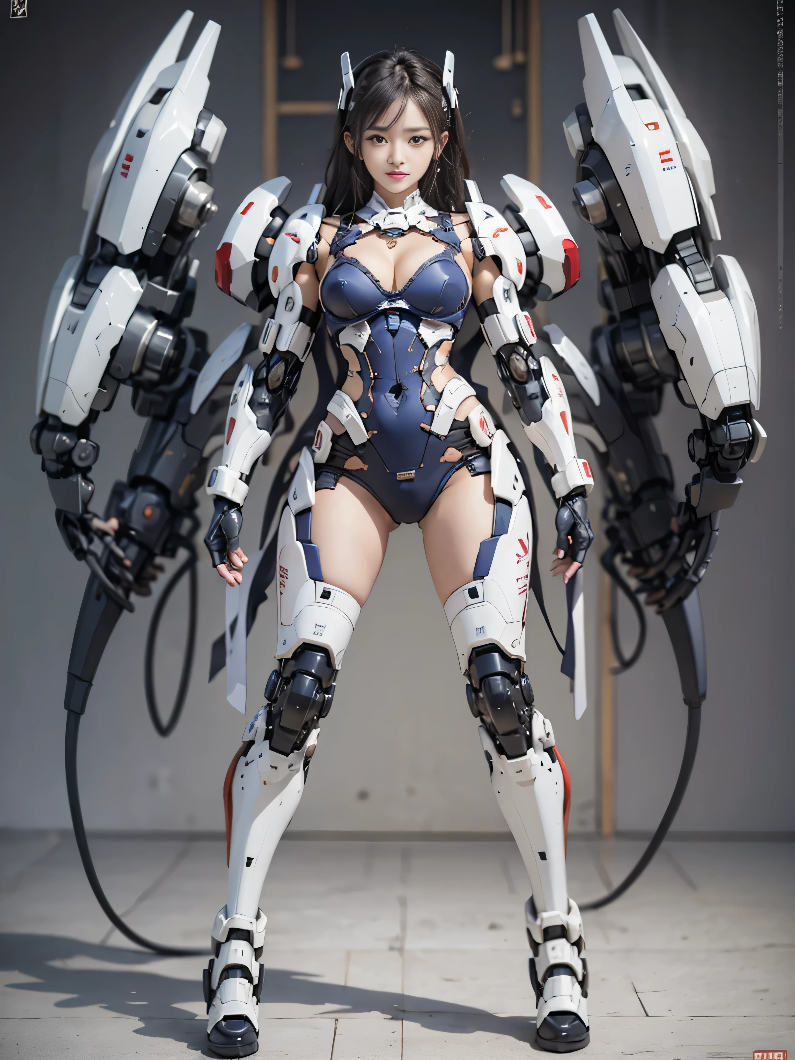 rough skin, Super detailed, advanced details, high quality, 最high quality, High resolution, 1080p, hard disk, beautiful,(war machine),beautiful cyborg woman,Mecha cyborg girl,battle mode,Mecha body girl,She is wearing a futuristic war machine,full body shot, cleavage, exposed lower abdomen, thin pubic hair,