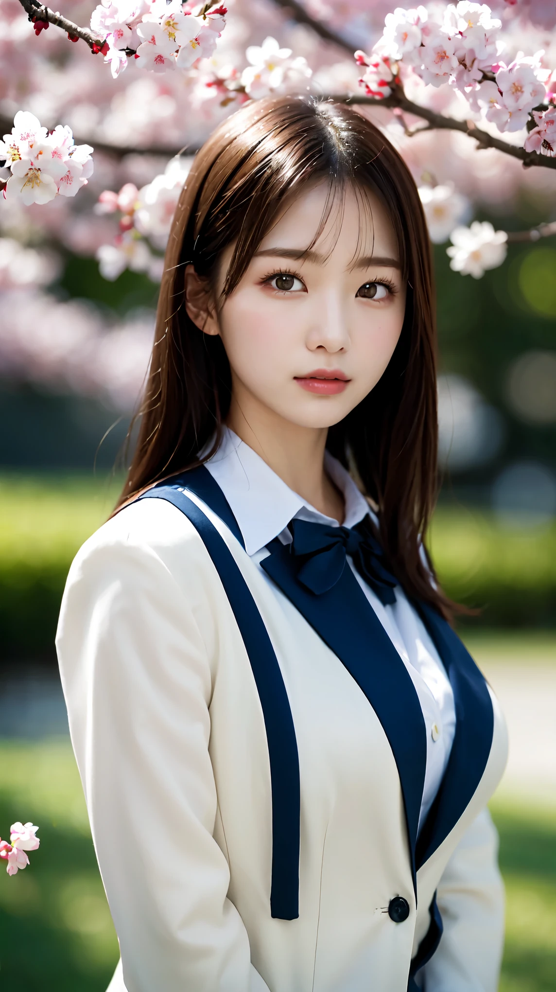 graduation ceremony、high school girl、uniform 、navy blue blazer、Cherry tree in full bloom、Cherry blossom confetti、perfect proportions、cute、(big breasts:1.2)、((18 year old female:1.2))、young adorable japanese face,official art,Highly detailed CG Unity 8K wallpaper,(masterpiece:1.0),(highest quality:1.0), 超A high resolution,4k,Super detailed, photo shoot, 8K, nffsw, High resolution, kodak portrait 400, film grain, lens flare glow,高いest quality,8K,nffsw:1.2),portrait shot,8K、View viewer