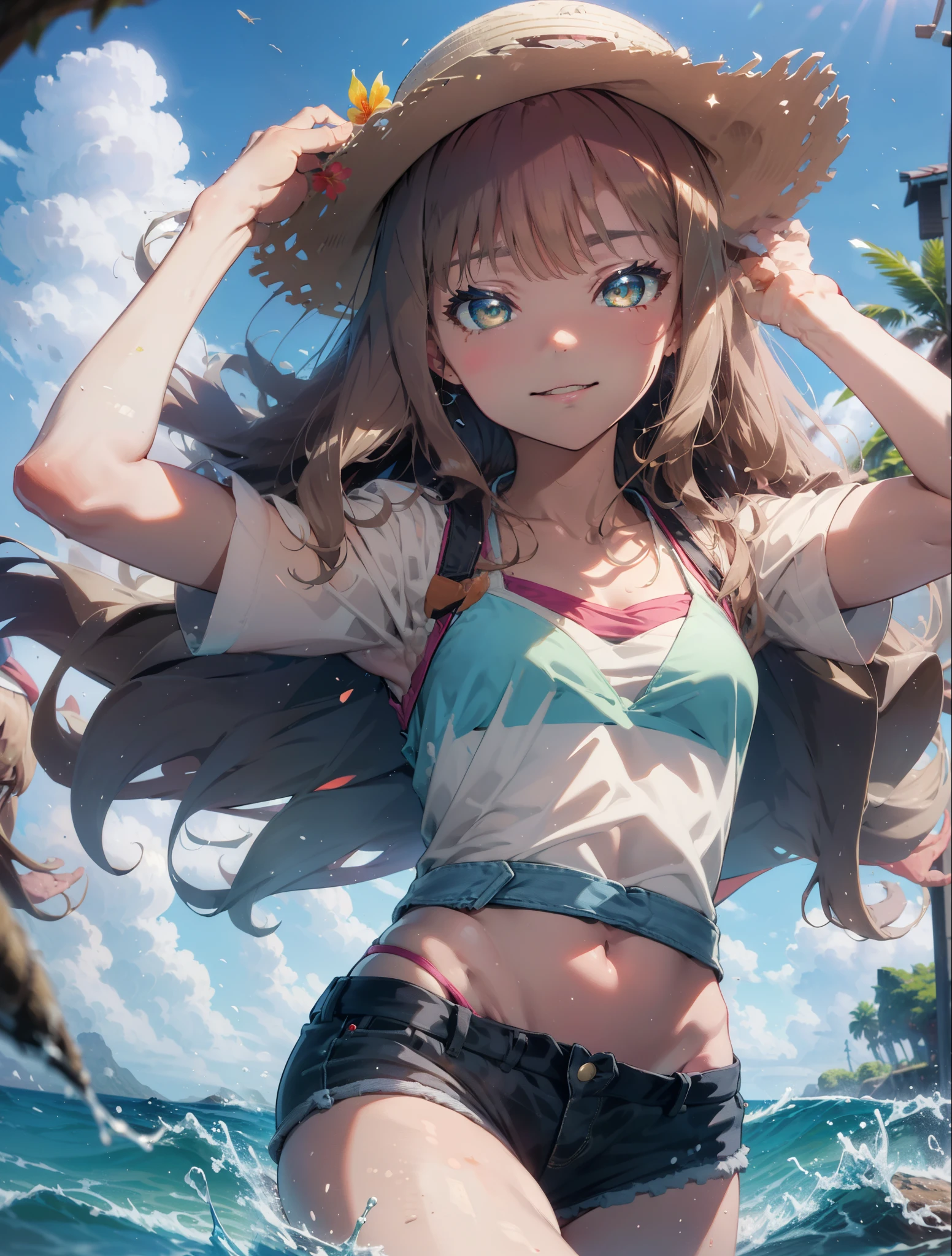 Tropical Dream Bud,Tropical Dream Bud sss Dynazenon ,brown hair,long hair,green eyes,big straw hat,smile,blush,hibiscus hair ornament,blue bikini swimsuit,barefoot,ビーチのsandy beachを散歩しながら,Sky blue hair fluttering in the wind,(cowboy shot:1. 5)
rest outdoors, sandy beach,seaside, (masterpiece:1.2), highest quality, High resolution, unity 8k wallpaper, (shape:0.8), (thin and beautiful eyes:1.6), highly detailed face, perfect lighting, Very detailed CG, (perfect hands, perfect anatomy),