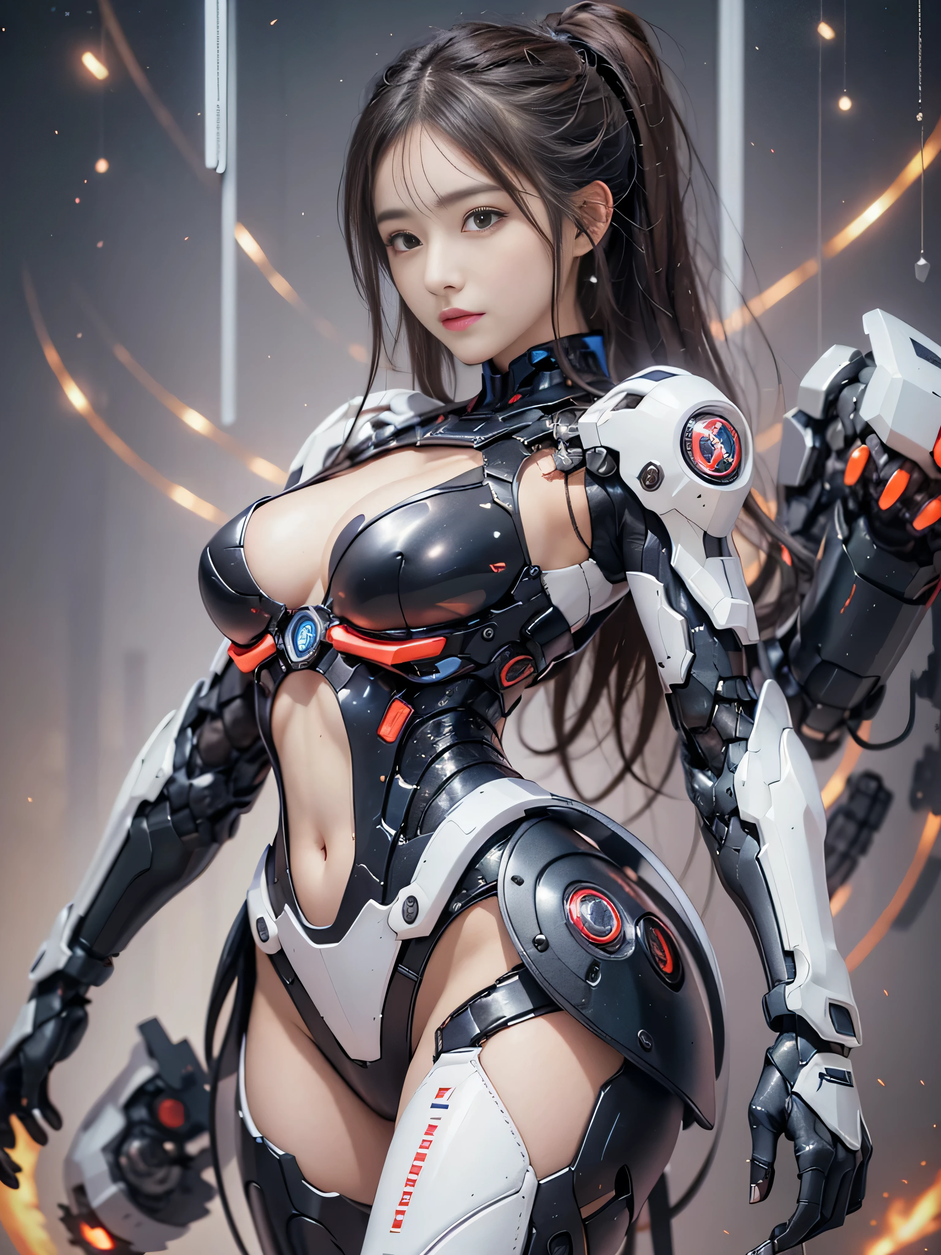rough skin, Super detailed, advanced details, high quality, 最high quality, High resolution, 1080p, hard disk, beautiful,(war machine),beautiful cyborg woman,Mecha cyborg girl,battle mode,Mecha body girl,She is wearing a futuristic war machine,full body shot, cleavage, exposed lower abdomen, thin pubic hair,
