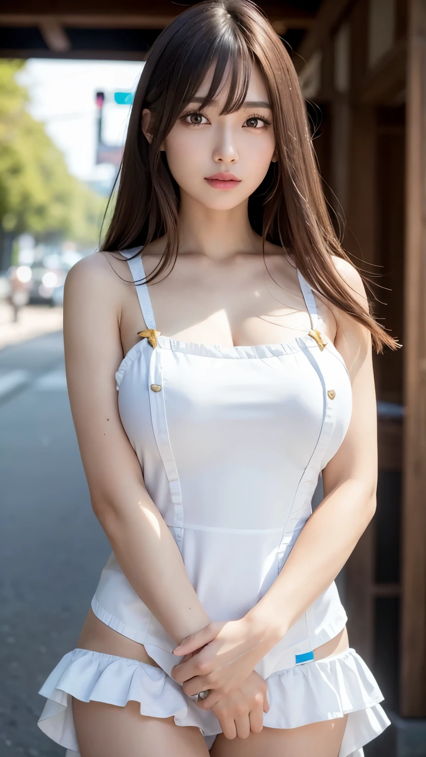 8k,best quality, masterpiece, ultra detailed, ultra high res, photorealistic, raw photo, absurdres, absolutely resolution, 1girl, cowboy shot,a Japanese young pretty woman, hyper cute face, glamorous figure, large breasts , long bob hair ,smile,(maid costume:1.3),beautiful eyes ,windy, Waving in the crowded streets, glossy lips, double eyelids in both eyes, natural makeup, long eyelashes, shiny smooth light brown long bob hair, asymmetrical bangs, shiny skin, central image, high resolution, high detailing, detailed hairstyle, detailed face, spectacular movie lighting, octane rendering, vibrant, hyper realistic, perfect limbs, perfect anatomy