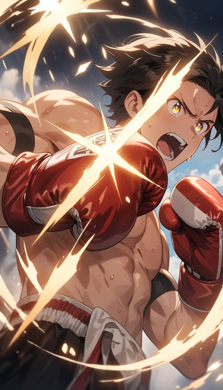 (highest quality、masterpiece、High resolution、detailed)、4K、beautiful anime、(Shining eyes、detailed美しい顔)､no text, anime style, super fine illustration, highly detailed, dynamic angle, beautiful detailed, 8k, In the center of the ring, a boxer strikes a victory pose with boxing gloves on his hands. BREAK He climbs the corner post, shouting a victory cry, his face and body emanating the heat of the battle and sweat.