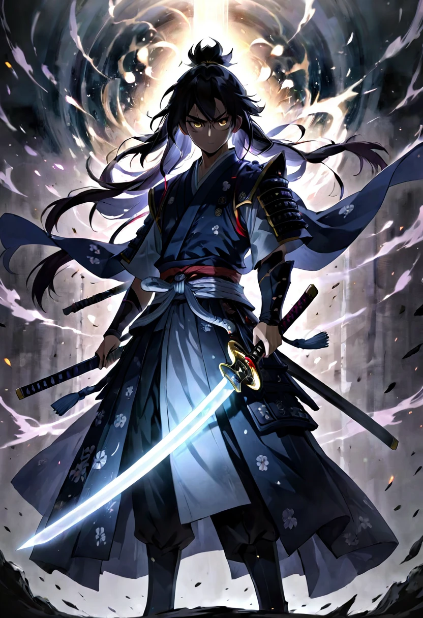 masterpiece, best quality, extremely detailed, anime, A samurai, a sword, holding a sword, an evil aura surrounding the sword, a dark aura, a strong atmosphere,