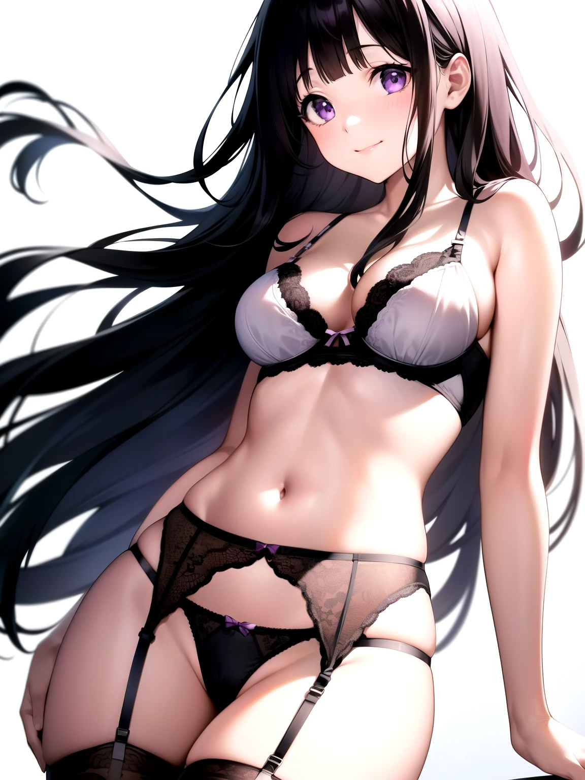 (A superb exquisite Chitanda Eru), (mature face), intricate details, (finely detailed beautiful eyes: 1.2), purple eyes, long black hair, natural straight hair, straight bangs, solo, [Small_breasts: large_breasts: 0.5], extremely delicate, peerless beautiful girl, dreamy quality, solid color, bright lips, slender waist, straight curves, soft lights and shadows, super fine, 8K HD, (masterpiece:1.4), (((lingerie, timid smile, garter belt, white background)))