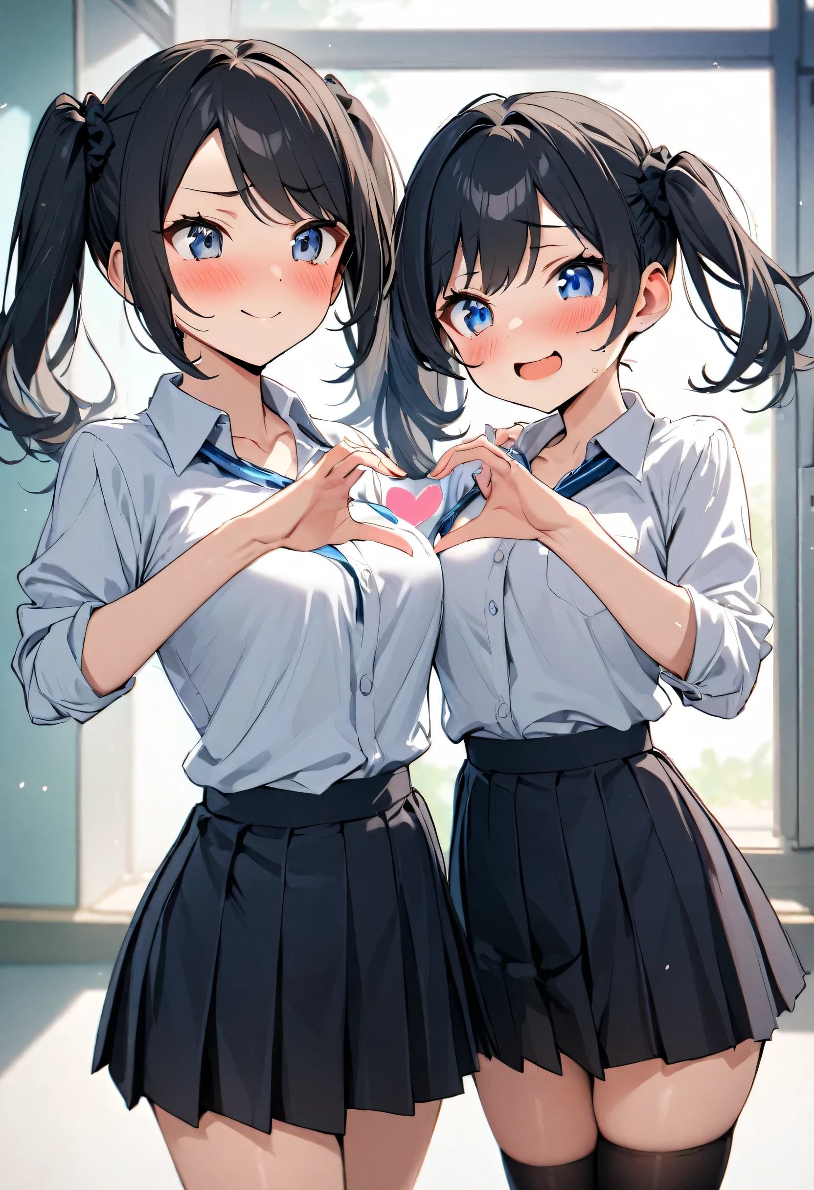 masterpiece, best quality, BREAK 1girl, standing, heart hands, blush BREAK, cute, kawaii, 18 yo, (Blue eyes:1.1), medium breasts, swept bangs,twin tails, black scrunchie, (black hair:1.3), sensitive facial expression, smile, kind eyes stare into the distance BREAK, (white collared shirt:1.2), (shirt tucked in:1.2), sleeves rolled up, collarbone, (pleated skirt, black skirt), navy kneehighs, BREAK, classroom　tights