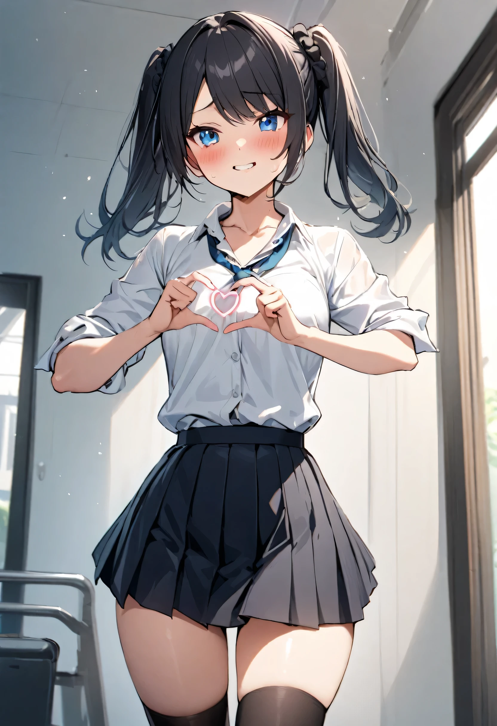 masterpiece, best quality, BREAK 1girl, standing, heart hands, blush BREAK, cute, kawaii, 18 yo, (Blue eyes:1.1), medium breasts, swept bangs,twin tails, black scrunchie, (black hair:1.3), sensitive facial expression, smile, kind eyes stare into the distance BREAK, (white collared shirt:1.2), (shirt tucked in:1.2), sleeves rolled up, collarbone, (pleated skirt, black skirt), navy kneehighs, BREAK, classroom　tights