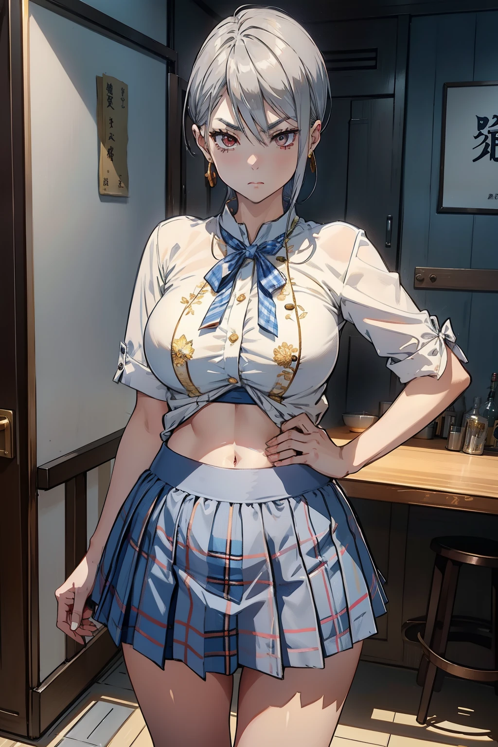Nakiri Alice、angry face、Huge 、Light uniform Good floral pattern blue gingham check miniskirt、Women only room、standing、white loose socks、Navel exposed、Slender、gray hair、gold earrings、watch、point the camera