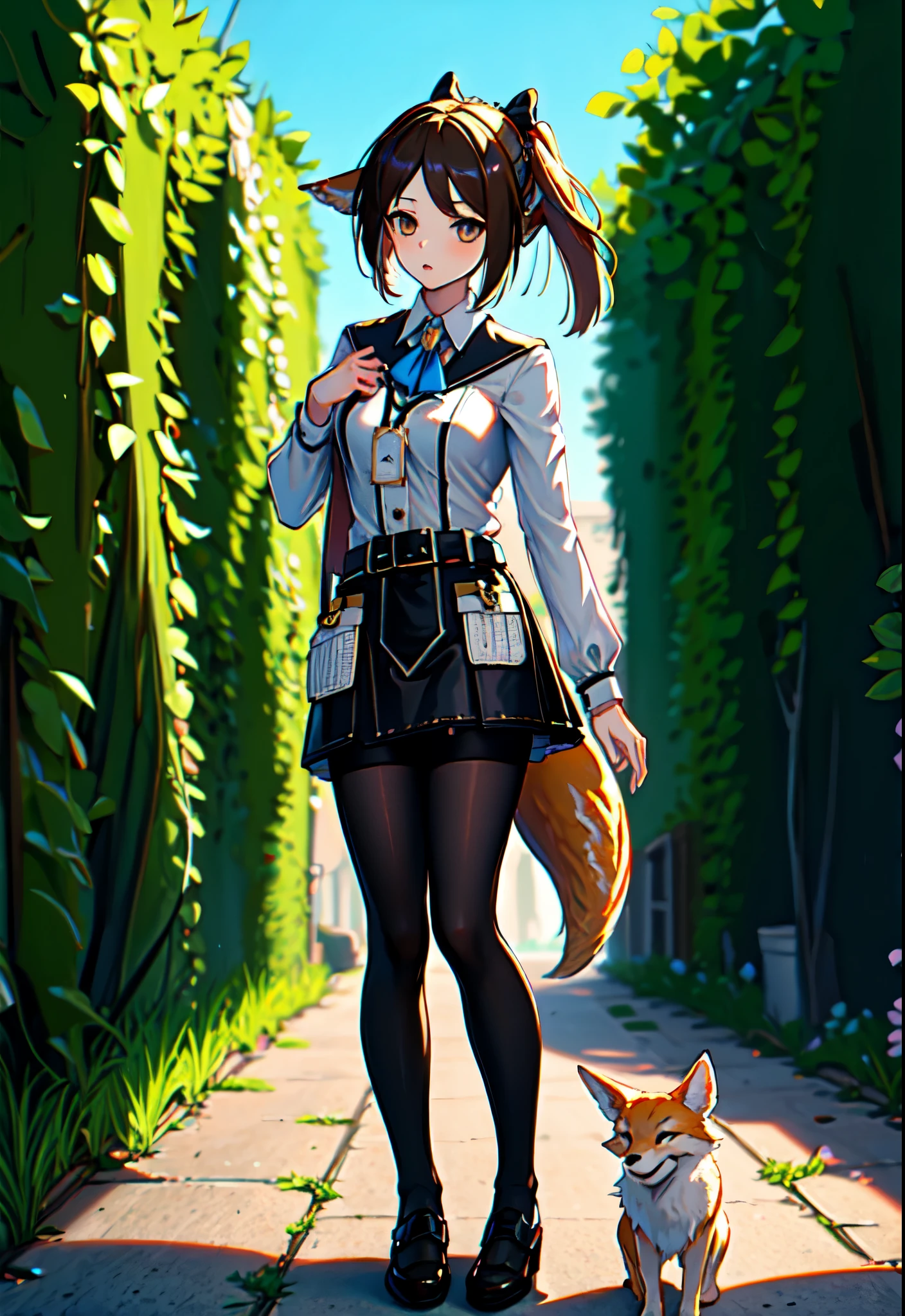 ((masterpiece,best quality)), highres, 1girl, perfumer sp, white shirt, black skirt, black pantyhose, shoes, fox tail, garden, depth of field,, ((masterpiece,best quality)), highres, 1girl,