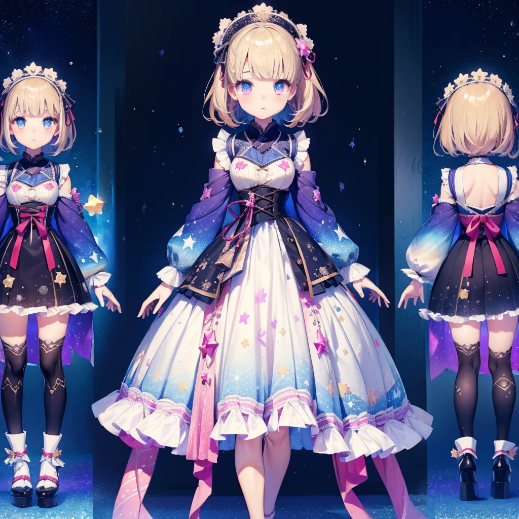 1girl、vtuber-fullbody、Star Fairy、「A beautifully printed galaxy patterned kimono and gothic lolita outfit.、Space pattern box pleated mini skirt with ruffles、Front full body portrait、enchanting eyes、Perfect and stunning face、exquisite details、clear image、highest quality。」short hair、