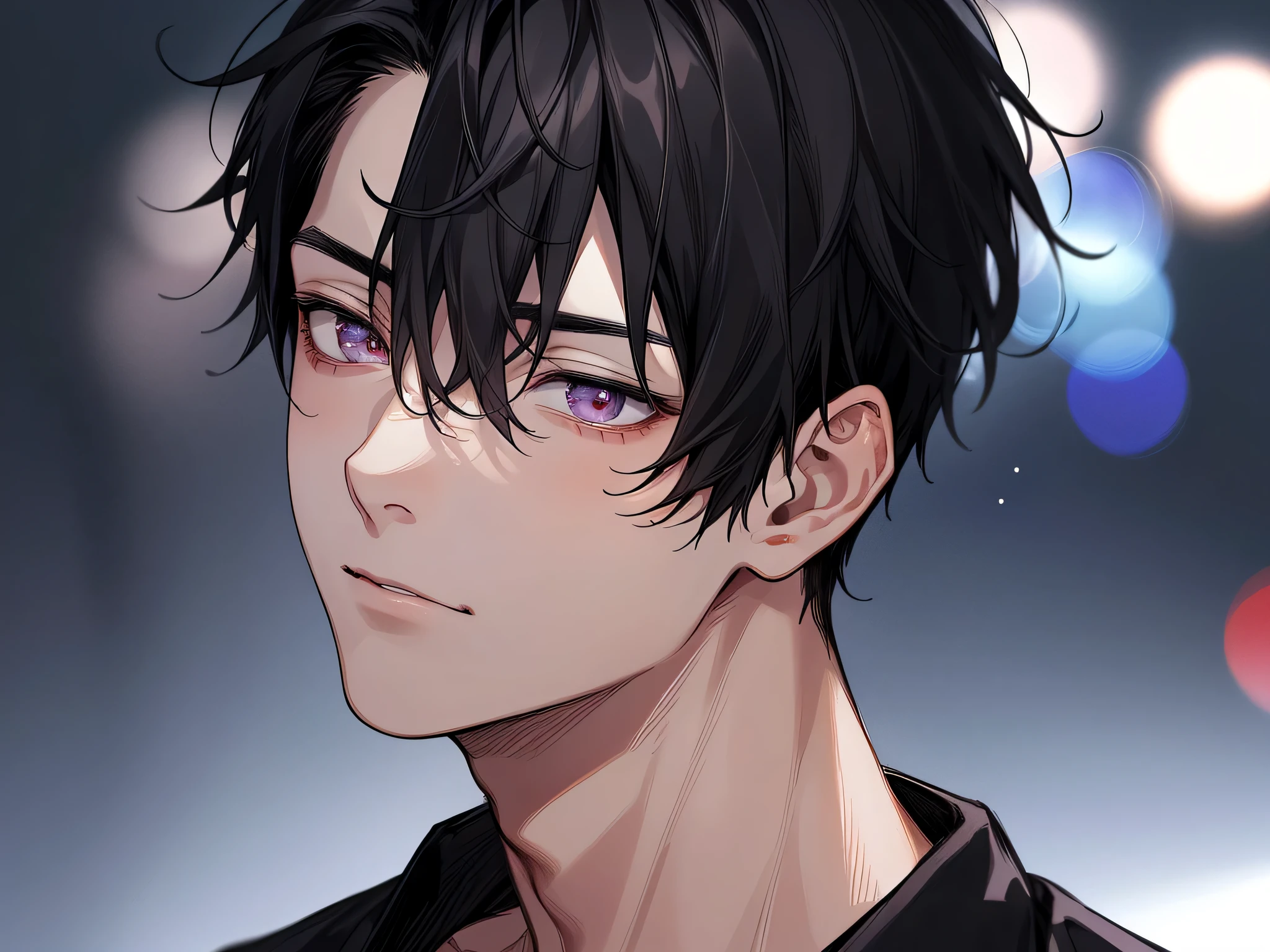 upperbody, face close up,23 year old male,1 boy、black hair、black shirt,,from below,Angle from below,Horny,nervous look,((Midnight Room)),background bokeh