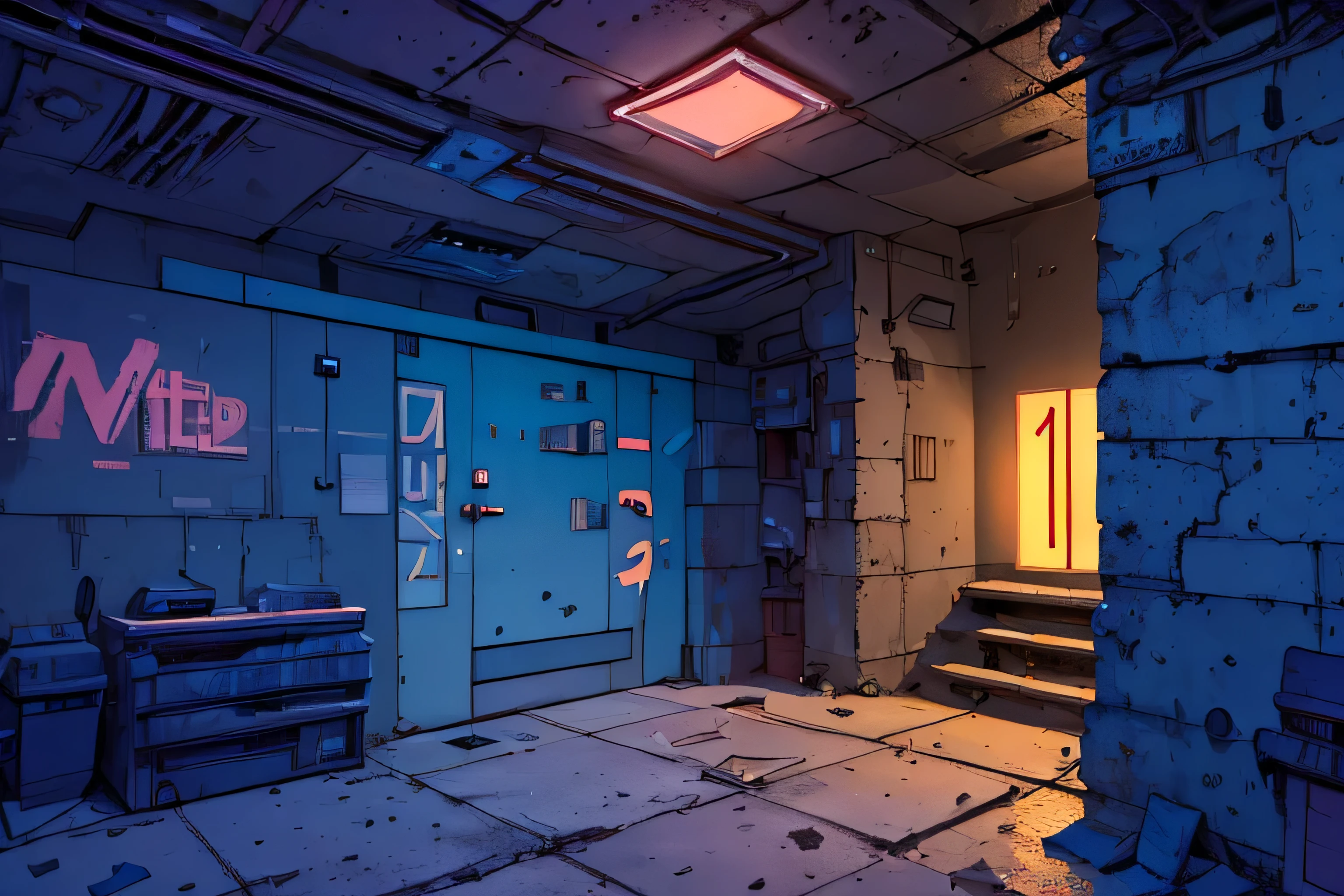 A modern architectural style with an underground basement, set in the nighttime. The picture features metallic walls and a trendy urban vibe. The image is of the highest quality, with a 4k resolution and ultra-detailed elements. It has a realistic and photorealistic feel, with sharp focus and vivid colors. The artwork is created using a combination of illustration, oil painting, and 3D rendering techniques. The color tone is dominated by cool and dark shades, enhancing the nocturnal atmosphere. The lighting is carefully designed, with studio lighting techniques to create a dramatic effect.