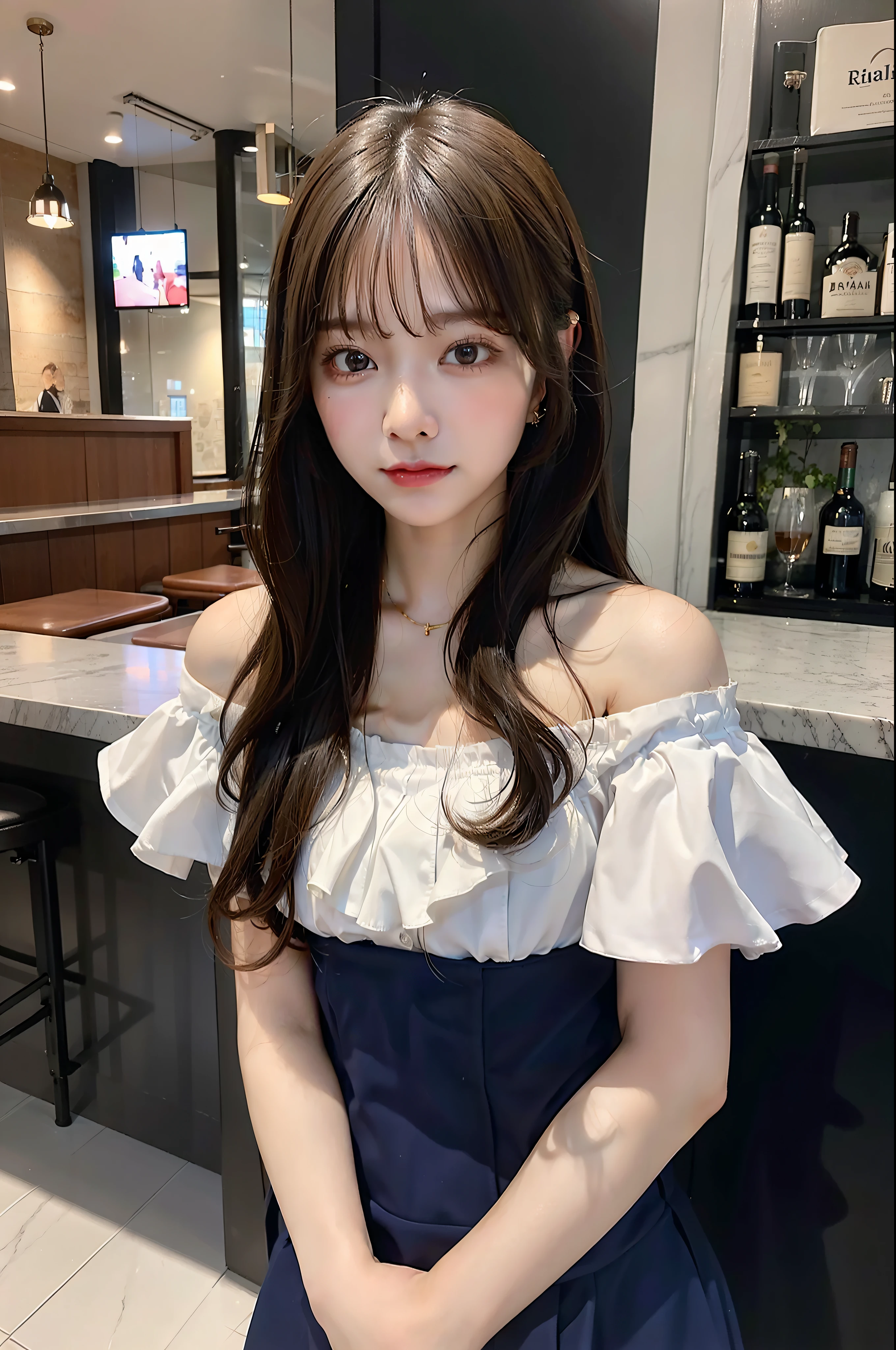 1girl in、in 8K、Raw photography、top-quality、masterpiece、realisitic、Photorealsitic、1girl in、Daytown、Pulling photo、de pele branca、Ribbon off-the-shoulder dress、Inside the restaurant、cold light、Longhaire、a bar counter、inside the house