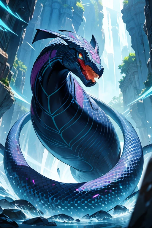 In the realm of anime, a large serpentine creature traverses between various directions with extraordinary agility. Its exquisite Three-dimensional facial features are accentuated by the dramatic contrasts of light and shadow, illuminating its cold, yet beautifully animated eyes. The snake's scales glisten with a captivating sheen, reflecting the vibrant hues of its anime environment. The masterpiece illustration portrays this awe-inspiring creature, capturing the essence of detailed perfection and the splendor of anime artistry.

Bending sinuously, the large snake moves with grace and power, leaving a trail of intricate patterns in its wake. Its body type is svelte