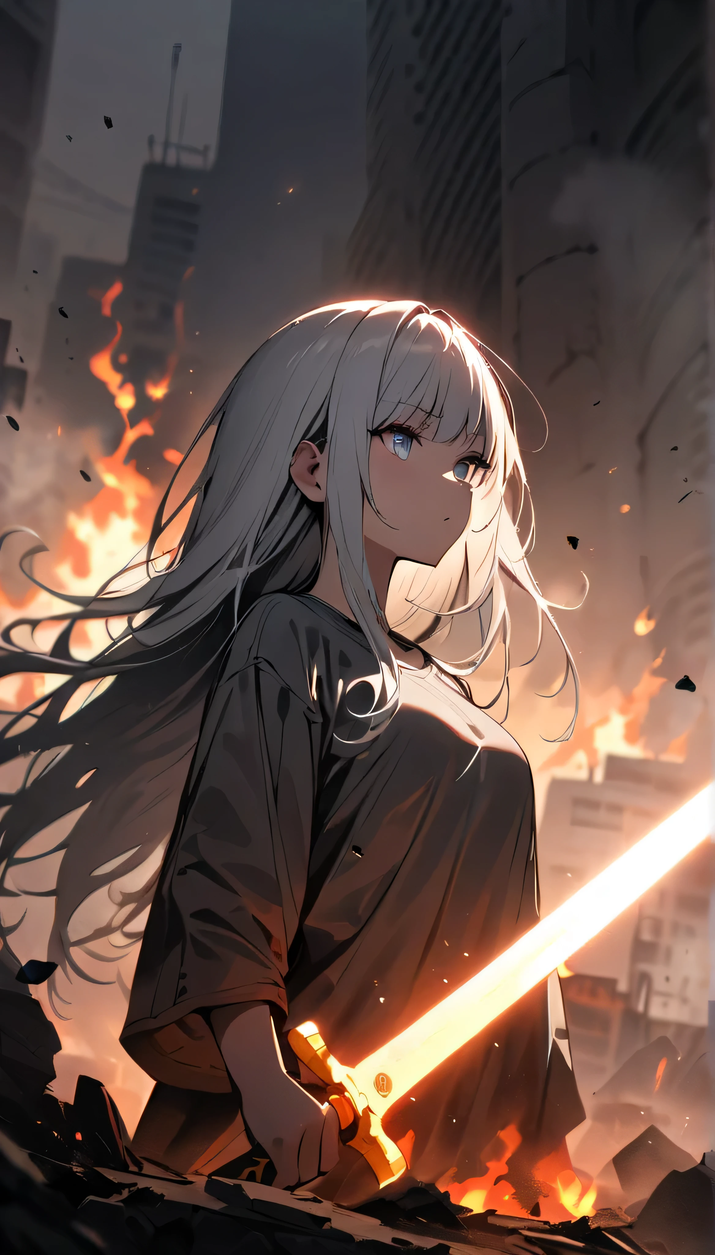 Resolution full, best quality, masterpiece, full HD, foggy theme, super detailed, beautiful girl. 1girl. White hair, long hair. Bangs.  detailed beautiful white eyes, grey T - shirt. in wasteland, in burning city, holding glowing sword, shadows surroundings girl, has a lighting power