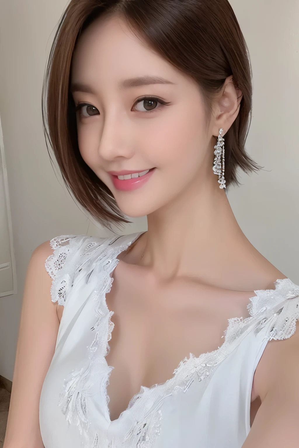 8k,best quality,1girl, in hotel room,( smiling:1.3), a close-up,short hair, crystal clear white skin, detailed eyes, detailed lips, wearing a sexy white negligee,