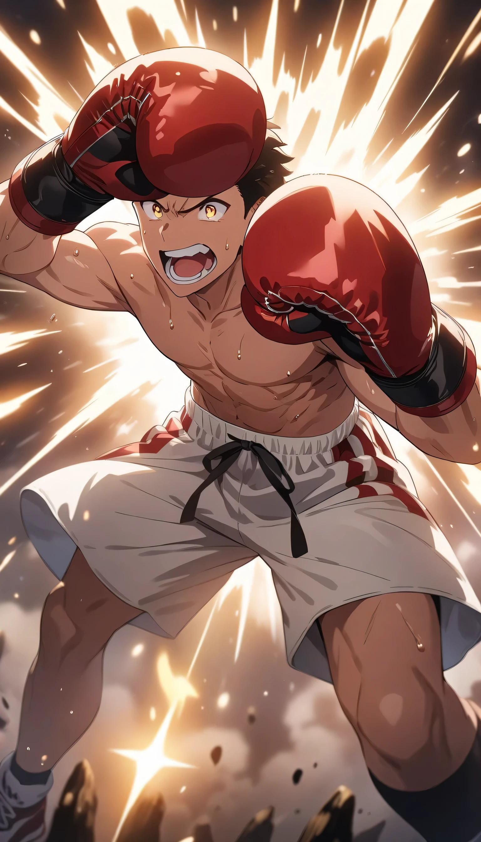 (highest quality、masterpiece、High resolution、detailed)、4K、beautiful anime、(Shining eyes、detailed beautiful face)､no text, anime style, super fine illustration, highly detailed, dynamic angle, beautiful detailed, 8k, In the center of the ring, a boxer strikes a victory pose with boxing gloves on his hands. BREAK He climbs the corner post, shouting a victory cry, his face and body emanating the heat of the battle and sweat.