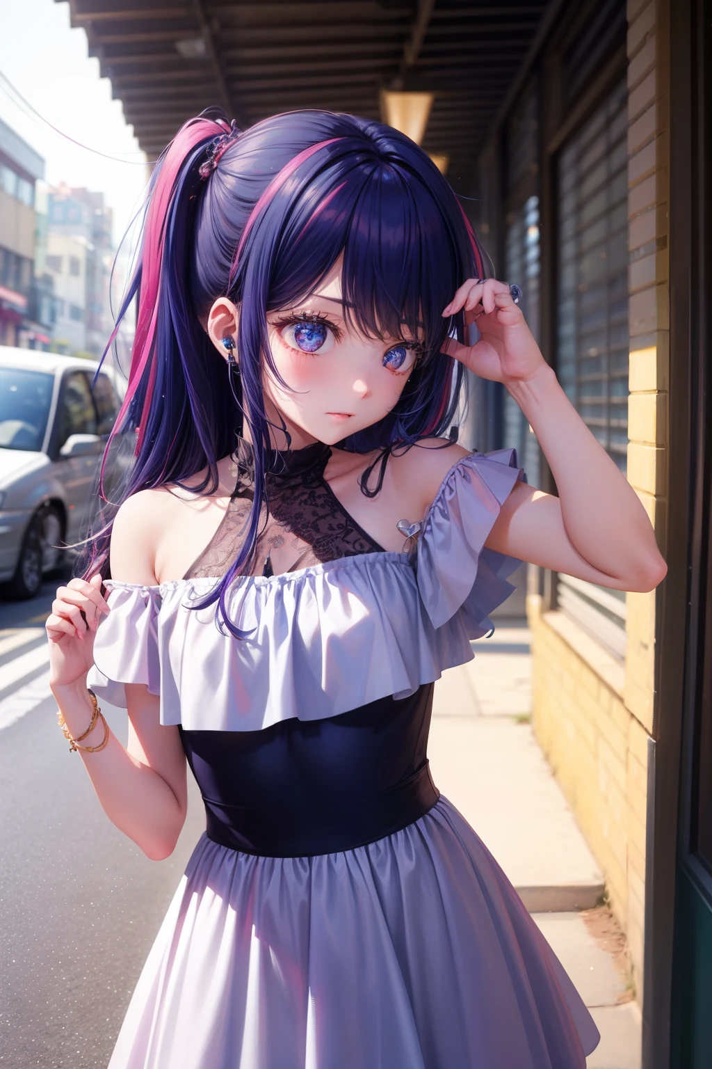 realisitic、top-quality、Hoshino Ai | Ai Hoshino, 1 girl、sixteen years old、Colorful Hair Color、piercings、embarassed face、Fancy Halter dress、beautiful elfee、sexypose、street、Particles of light、profetional lighting