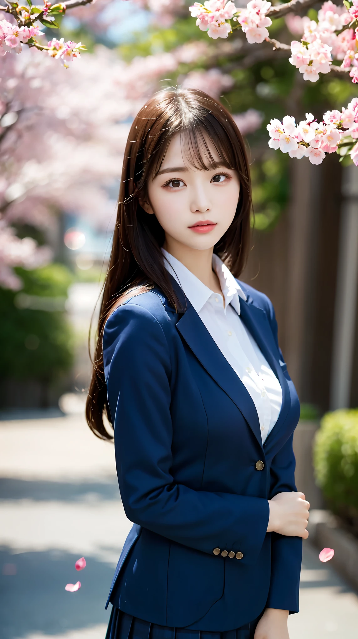 graduation ceremony、high school girl、uniform 、navy blue blazer、Cherry tree in full bloom、Cherry blossom confetti、perfect proportions、cute、(big breasts:1.2)、((18 year old female:1.2))、young adorable japanese face,official art,Highly detailed CG Unity 8K wallpaper,(masterpiece:1.0),(highest quality:1.0), 超A high resolution,4k,Super detailed, photo shoot, 8K, nffsw, High resolution, kodak portrait 400, film grain, lens flare glow,高いest quality,8K,nffsw:1.2),portrait shot,8K、View viewer