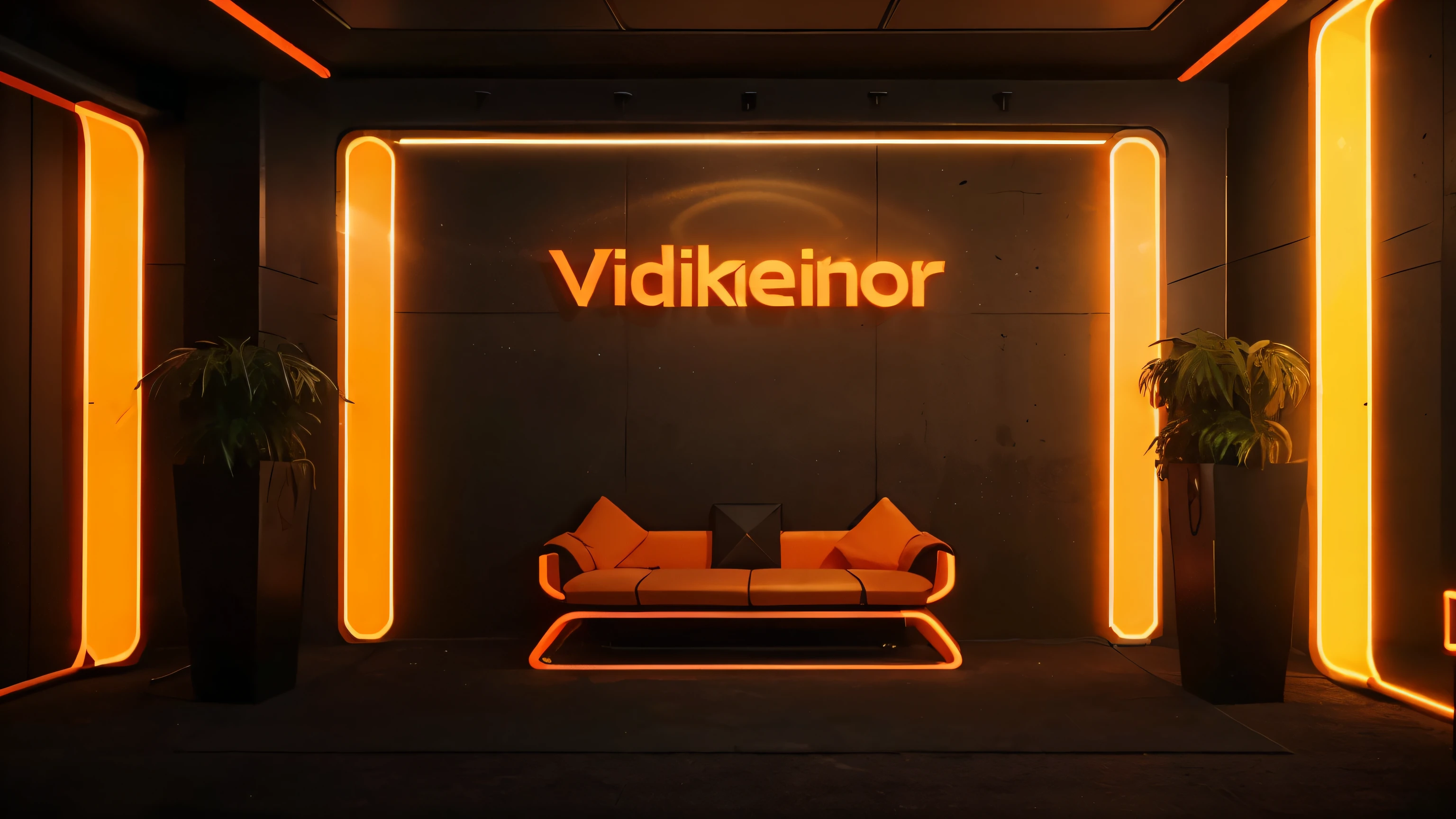 Design a captivating YouTube background inspired by the dynamic ambiance of a gamer or videographer's studio, featuring vibrant orange neon lights. Envision a darkened room illuminated by the warm glow of orange neon strips, creating a futuristic and inviting atmosphere. Incorporate sleek, minimalist furnishings and a sparse arrangement of tech gear to keep the focus on the neon-lit backdrop. Introduce one or two carefully placed plants to add a touch of natural beauty and freshness to the scene. Keep the composition visually stimulating and balanced, with the orange neon lights serving as the central element. This background will provide an ideal setting for engaging gaming content or captivating videography tutorials, combining modern aesthetics with a hint of organic warmth.