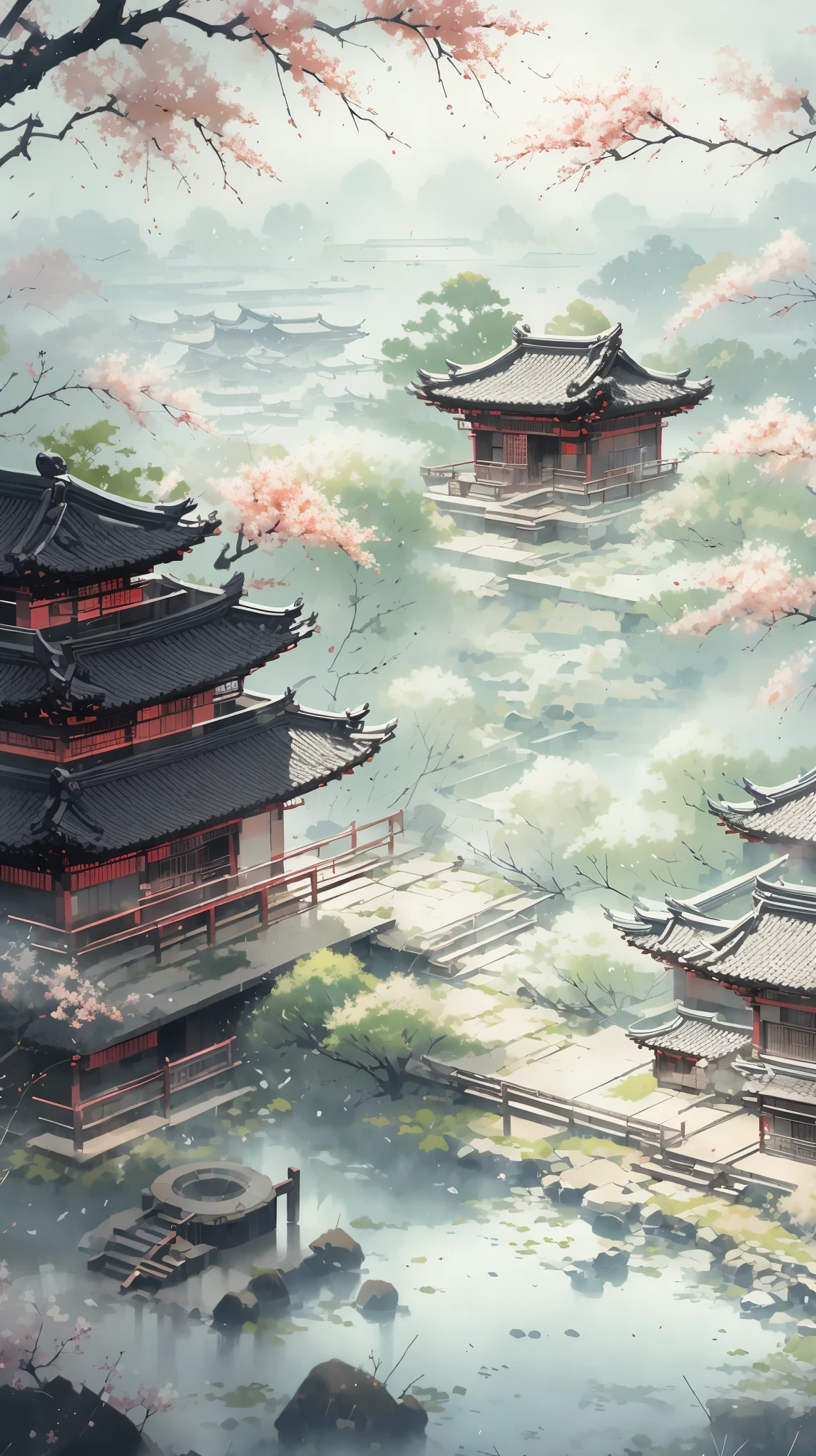 2D game scene，ink，anime scenery, ancient city landscape, Zen temple background, Chinese landscape, Depicted as game concept art