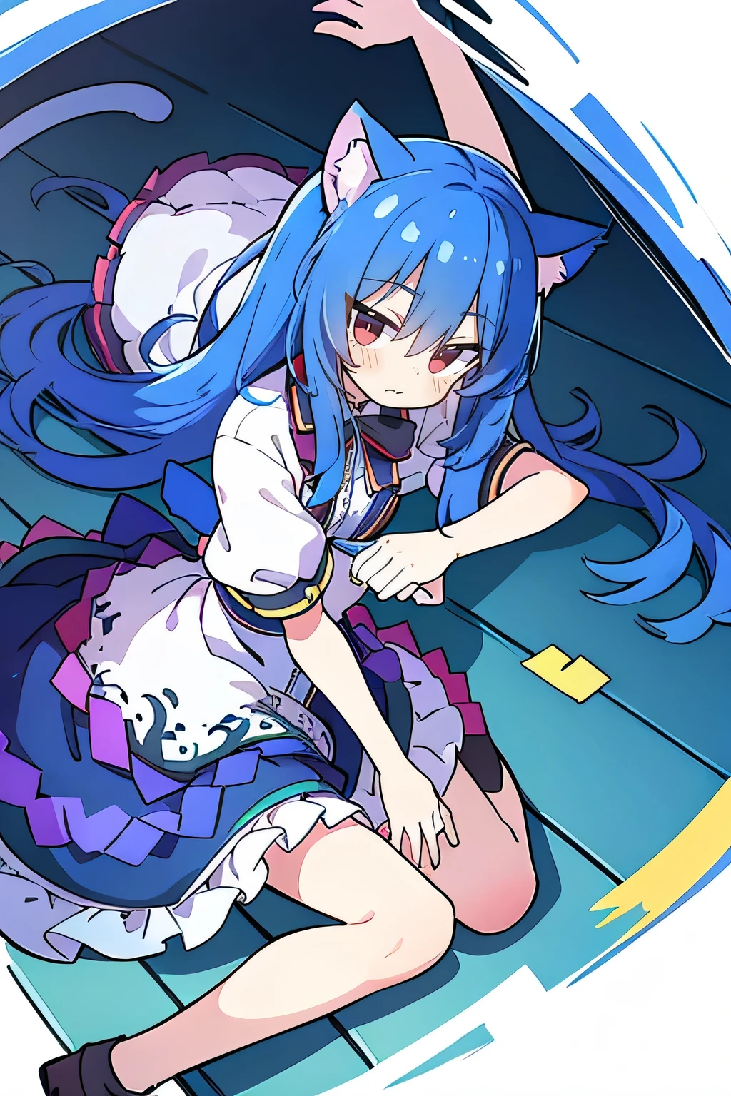 (Masterpiece), best quality, expressive eyes, perfect face, 1girl,
Put your hands on your waist, fair, gorgeous, Japanese comics, girl, Lola, young angel, blue hair, blue hair, flowing clothes, hug the waist, hug the waist, hands on hips, hands on hips, lay down , lying on the ground, legs on the ground, flat chest, cat ears