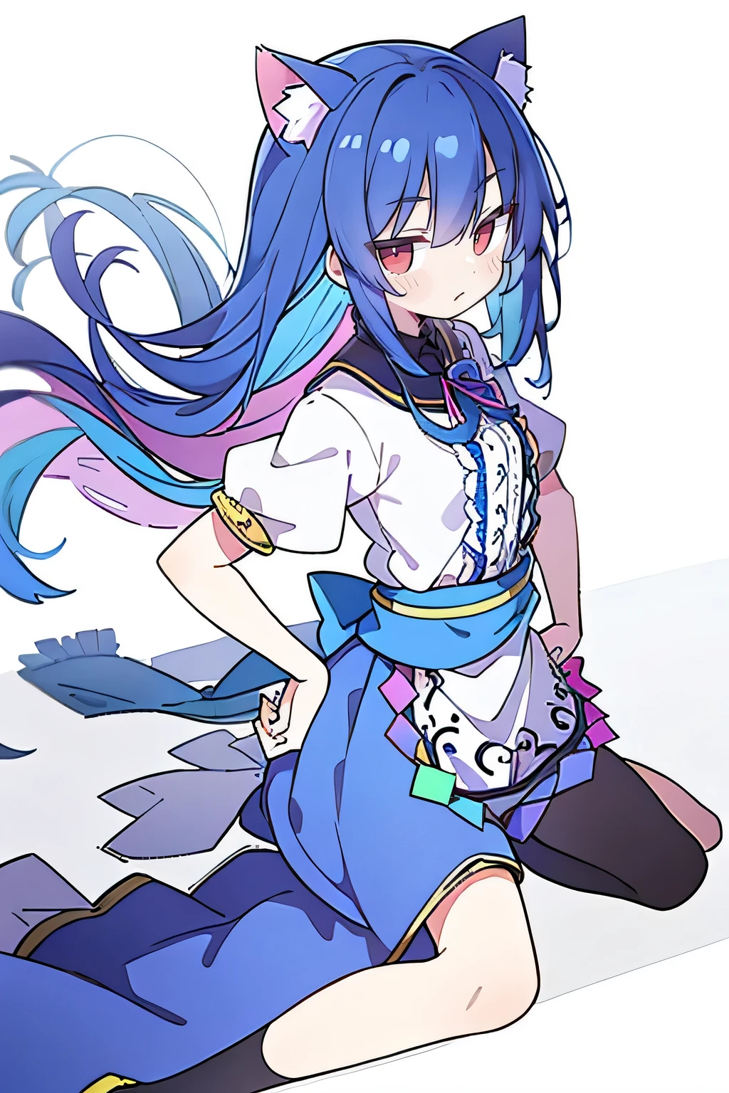 (Masterpiece), best quality, expressive eyes, perfect face, 1girl,
 Put your hands on your waist, fair, gorgeous, Japanese comics, girl, Lola, young angel, blue hair, blue hair, flowing clothes, hug the waist, hug the waist, hands on hips, hands on hips, lay down , lying on the ground, legs on the ground, flat chest, cat ears