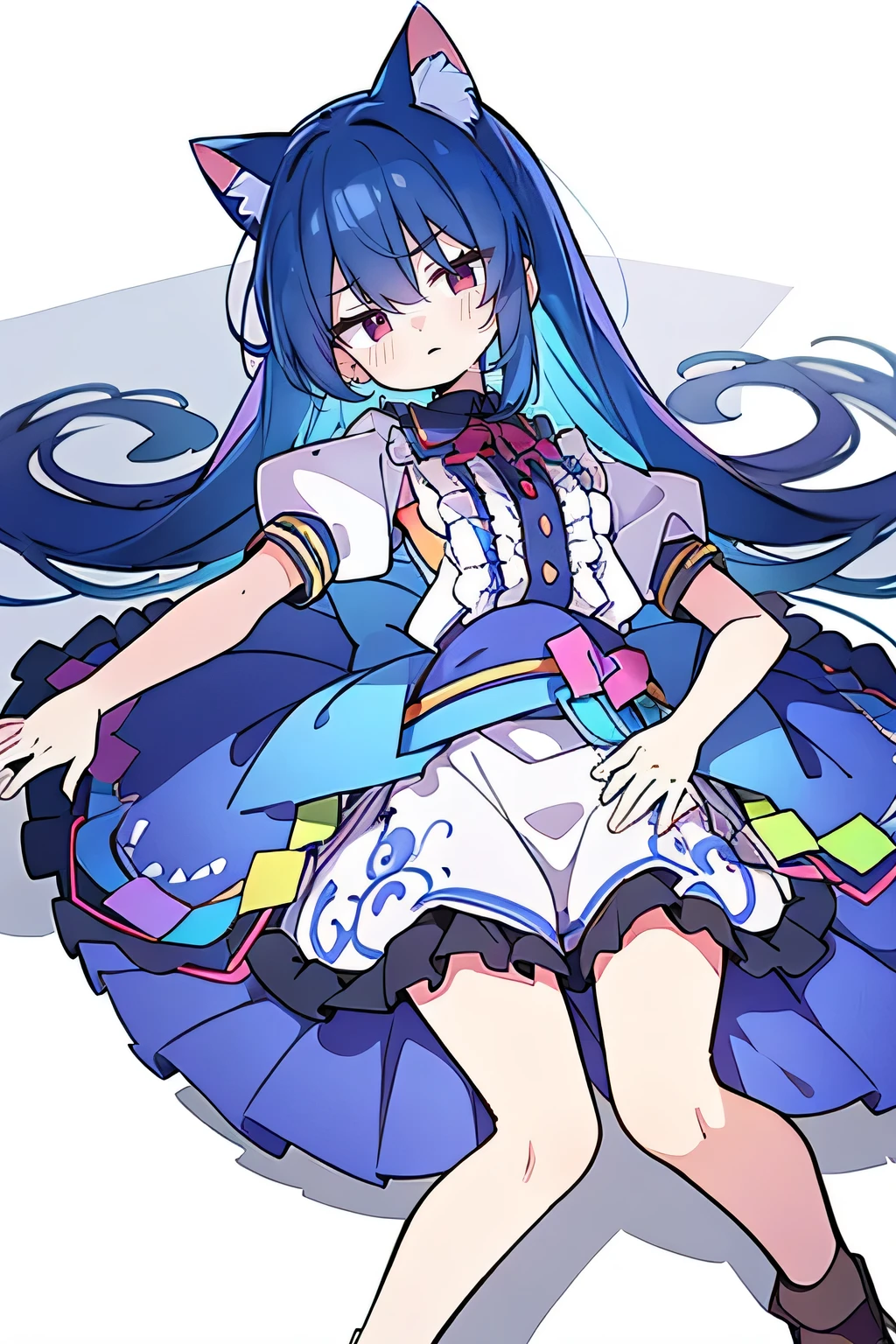 (Masterpiece), best quality, expressive eyes, perfect face, 1girl,
 Put your hands on your waist, fair, gorgeous, Japanese comics, girl, Lola, young angel, blue hair, blue hair, flowing clothes, hug the waist, hug the waist, hands on hips, hands on hips, lay down , lying on the ground, legs on the ground, flat chest, cat ears