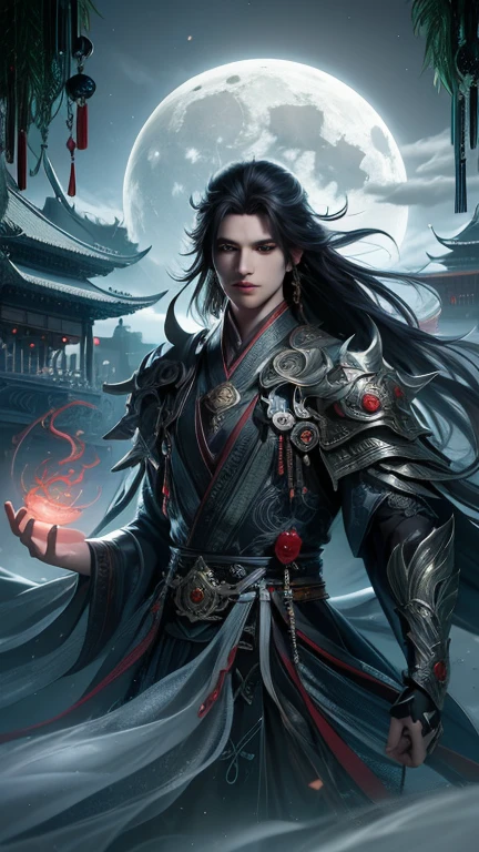 Arafad image of a man in a full moon costume holding a glowing ball, Beautiful male god of death, Chinese fantasy, Graphic artist Magalivilleneuve, digital fantasy art ), author:Yang Jie, Full body martial arts, 2. 5d cgi anime fantasy artwork, 4k fantasy art, High quality fantasy art, dark fantasy art, Epic and beautiful character art