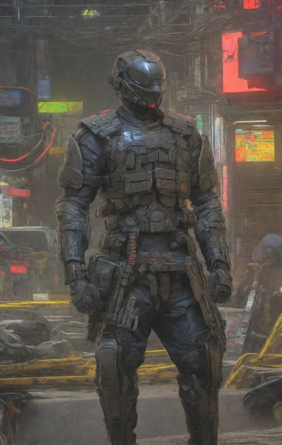 ((Best Quality)), ((Masterpiece)), (Very detailed:1.3)(Cyberpunk:1.3),(Depth of Field) HDR (High Dynamic Range), Super Resolution,there is a man in a full body armor holding a sword, stealth suit, clothed in stealth armor, combat stance, intimidating full body armor,armored uniform, Shoulder pads, Knee pads, Utility belt, three throwing knives holstered on his arm, in a Street