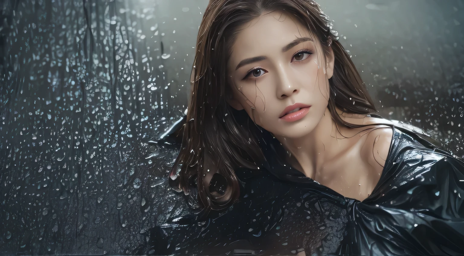 (highest quality, 4k, masterpiece :1.3), Beautiful woman, 1 girl, (chest, attractive body :1.2), abs :1.1, dark brown hair: 1.1, (wet in the rain, wet in the rain, wet body :1.2), super detailed face, lip details, fine eyes, double eyelid