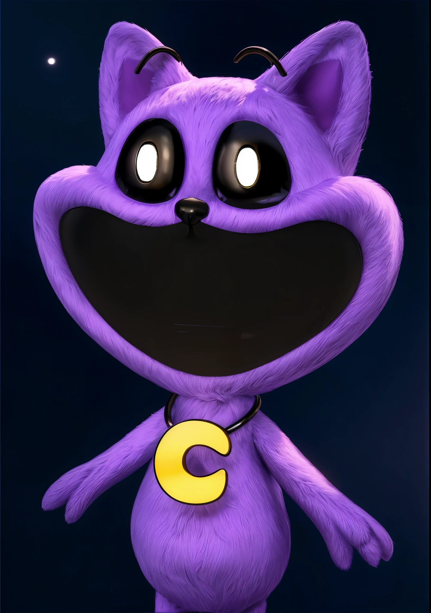 A purple cat with a big smile and the moon around its neck. purple fluffy toy cat. The background is black. violet fur, furry character portrait, purple metal ears, cosplay photo, The background is black. Dog is crying with tears, orange fur, furry character portrait, purple metal ears, cosplay photo, furry texture, smooth 3d model, toy, multiple light sources, rim light, sharp post effects render, (glossy fur texture with multiple big light probe refractions), perfect cgi, smooth silhouette, high intensity refraction, (super furry material), most beautiful vfx, dark background, fur refractions, realistic, 4k, high resolution, rim light, photo shoot, commercial photo, profile shot, 4k, rim light, high resolution, 4k, texture, smooth 3d model, multiple light sources, rim light, sharp post effects render, cgi art created only with gradients, smooth silhouette, high intensity refraction, (super glossy fur material), most beautiful vfx, rim light, sharp post effects render, perfect cgi, digital art, detailed digital art, reflective, best quality, 4k, masterpiece:1.2, ultra-detailed, realistic, vivid colors, dark and moody lighting, The image of the highest quality, ensuring every detail showcased perfectly. It in 4k resolution, allowing viewers to immerse themselves in the richness of the colors and intricate details. The realistic rendering. under the spotlight, reflecting, high-resolution image, realistic rendering, dark background, and rim light photorealistic
