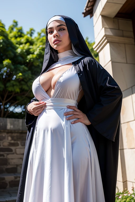 RAW, Best quality, high resolution, masterpiece: 1.3), Young slim nun, Standing outdoor, Full body shot, From below, Fully clothed, Covered gigantic breasts, Covered cleavage, Braless

Masterpiece: 1.3, Beautiful young nun, Outdoor full body shot, Taken from below, Modestly dressed, Ample bosom discreetly concealed, No bra visible

This stunning image of a young nun captures her beauty and grace as she stands in the sunlight, fully clothed and covered from head to toe. The full body shot, taken from below, accentuates her slim figure and the flow of her habit,