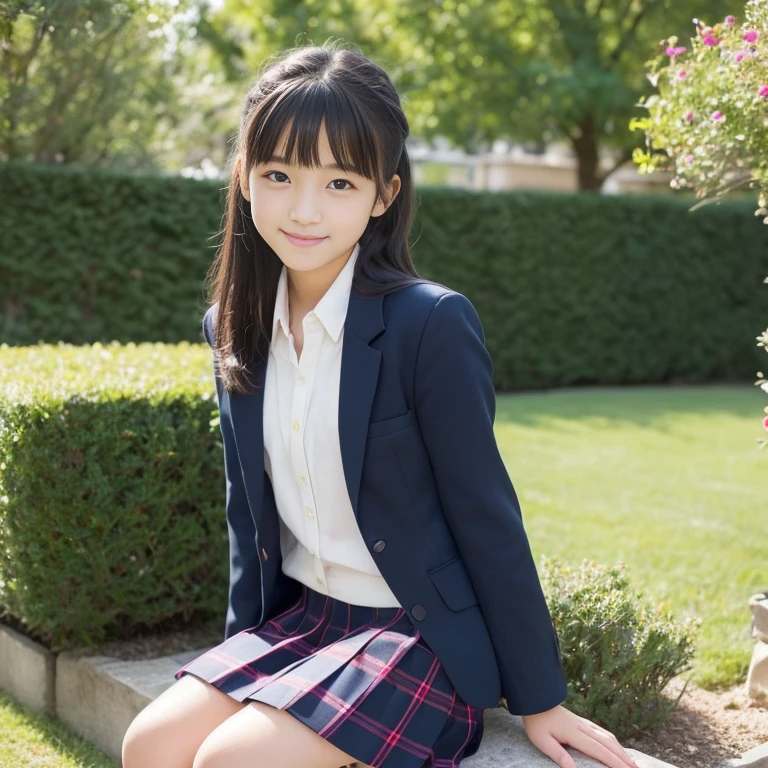 ((8K)),((Japanese)),(:1.6),(innocent face:1.5),(highly detailed face),girl,very cute,blazer,navy blue plaid skirt,black hair,baby face、smn、sitting、spread your legs