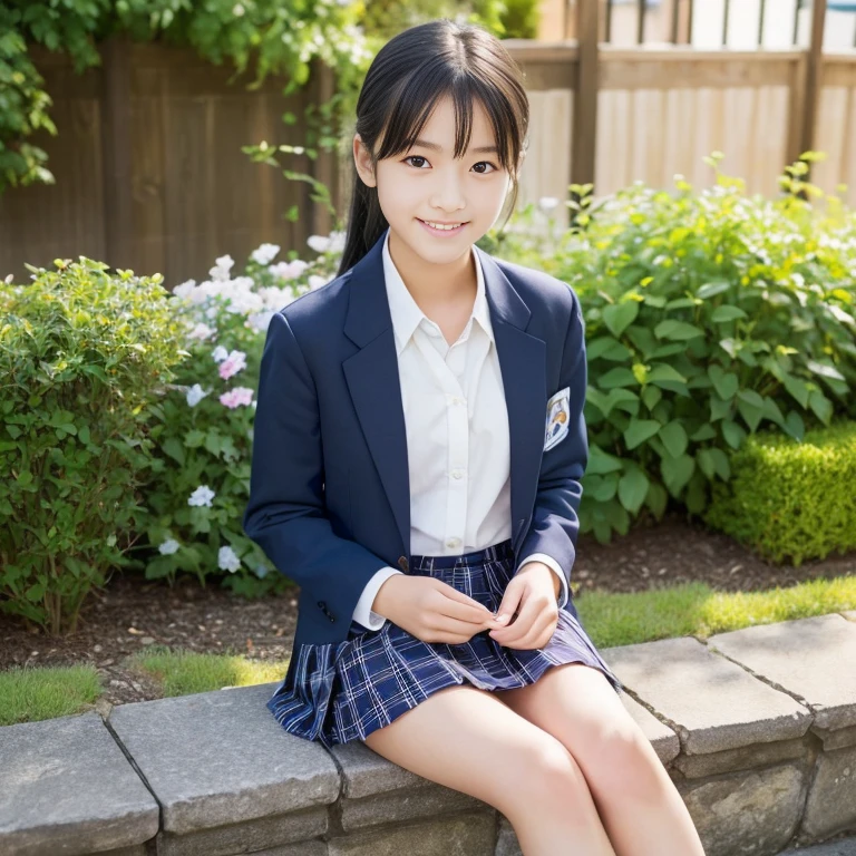 ((8K)),((Japanese)),(16 years old:1.6),(innocent face:1.5),(highly detailed face),girl,very cute,blazer,navy blue plaid skirt,black hair,baby face、smile、garden、sitting、spread your legs