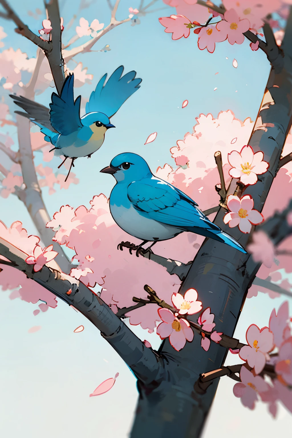 blurry foreground with leaf,a cute little light blue bird singing in cherry blossom tree,enjoying the spring,tasteful negative space,soft color rendering,illuminated by light gray film filter,Watercolor,Adorable Kawaii,Flat 2d Art,Doodle Art,Artstyle Abstract,Logo Design,dewdrops on the petals,Flying bird,Flying bird,no human,outdoor,Best quality,Minimalism,flat illustration,