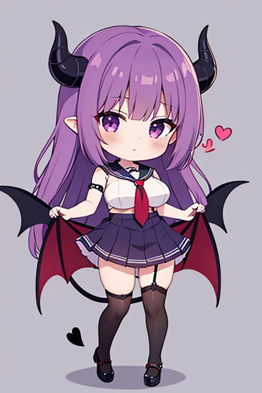 1 woman,grean back ground,succubus,red hear,long hear,purple eyes,devil horns,devil wings,big breasts,,devil's tail,chibi,, short skirt,standing,full body,sailor suit,high resolution,