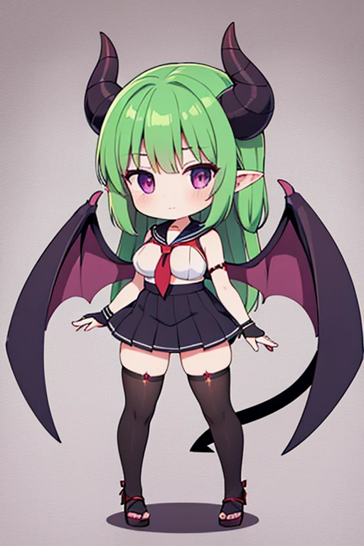 1 woman,grean back ground,succubus,red hear,long hear,purple eyes,devil horns,devil wings,big breasts,,devil's tail,chibi,, short skirt,standing,full body,sailor suit,high resolution,