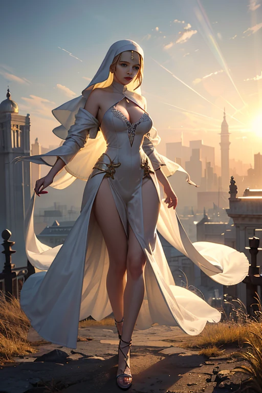 (Masterpiece, top quality, best quality, official art, beautiful and aesthetic: 1.2), (ung slim nun), Extreme detailed, colorful, highest detailed, full body shot, Taken from below, Outdoor setting, Fully clothed, Covered gigantic breaaless, Hidden cleavage, Dand intricate robe, Soft and flowing fabric, Slender and graceful figure, Serene expression, Harmonious composition, Atmospheric perspective, Soft focus, Golden hour lighting, Sunrays filtering through, Shimmering aura, Noble and spiritual, Neo-classical, Minimalist, Zen-inspired, Det