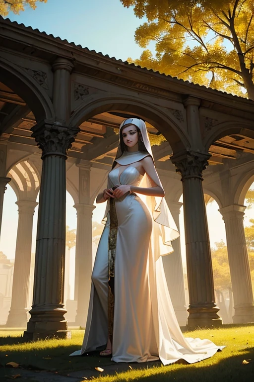 (Masterpiece, top quality, best quality, official art, beautiful and aesthetic: 1.2), (ung slim nun), Extreme detailed, colorful, highest detailed, full body shot, Taken from below, Outdoor setting, Fully clothed, Covered gigantic breasts, Braless, Hidden cleavage, Delicate and intricate robe, Soft and flowing fabric, Slender and graceful figure, Serene expression, Harmonious composition, Atmospheric perspective, Soft focus, Golden hour lighting, Sunrays filtering through, Shimmering aura, Noble and spiritual, Neo-classical, Minimalist, Zen-inspired, Det