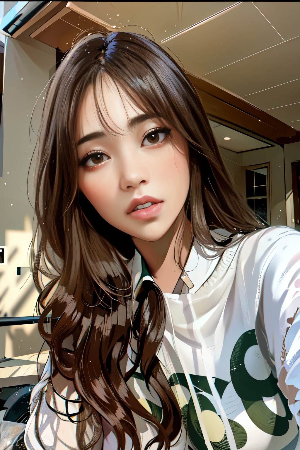 arafed asian woman with long brown hair and a white hoodie, young adorable korean face, ulzzang, wan adorable korean face, young cute wan asian face, 8k selfie photograph, popular south korean makeup, gorgeous young korean woman, portrait of female korean idol, beautiful young korean woman, jaeyeon nam, popular korean makeup, beautiful south korean woman