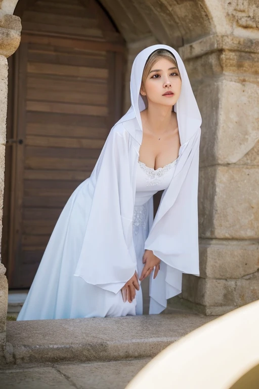 ((Best quality, 8k, Masterpiece: 1.3)), 1 young slim nun, standing gracefully outdoors, captured in a full body shot, taken from below to accentuate her divine presence, all while remaining fully clothed in her sacred garments. With remarkable modesty, her ensemble discreetly covers her gigantic breasts, ensuring no hint of impropriety, and conceals any trace of cleavage. The ethereal nun, true to her vows, defies convention as she radiates purity and spiritual devotion, transcending earthly desires.