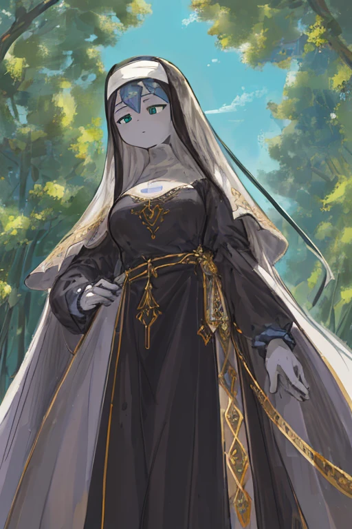 Goddess of Purity Unmatched Quality, impeccable attention to detail, breathtakingly realistic, Masterpiece of divine beauty, 8k resolution, Stunning Anime style, Winner of the Heavenly Art Contest, Flawless anatomy, Gaze towards the heavens, Energetic youth, Serene and composed, Devout Sister of Solace, Graceful posture, Slim figure, Standing amidst nature, Sunlit backdrop, Brilliant blue sky, Outdoor tranquility, Awe-inspiring full body shot, Captured from a lower angle, Fully attired, Noble vestments of the cloth, Virtuous nun's habit, Resplendent in purity, Modestly covered, Majestic bosom concealed, Admirable modesty, Unyielding dedication