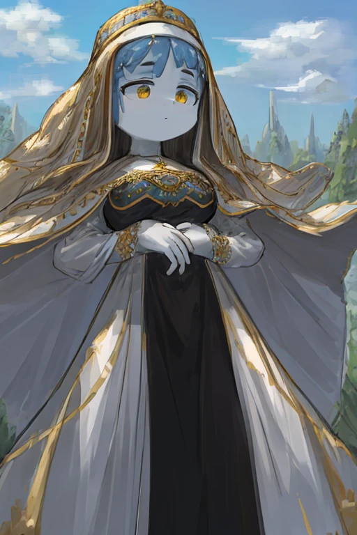 Goddess of Purity Unmatched Quality, impeccable attention to detail, breathtakingly realistic, Masterpiece of divine beauty, 8k resolution, Stunning Anime style, Winner of the Heavenly Art Contest, Flawless anatomy, Gaze towards the heavens, Energetic youth, Serene and composed, Devout Sister of Solace, Graceful posture, Slim figure, Standing amidst nature, Sunlit backdrop, Brilliant blue sky, Outdoor tranquility, Awe-inspiring full body shot, Captured from a lower angle, Fully attired, Noble vestments of the cloth, Virtuous nun's habit, Resplendent in purity, Modestly covered, Majestic bosom concealed, Admirable modesty, Unyielding dedication
