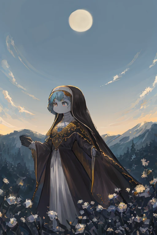Goddess of Purity Unmatched Quality, impeccable attention to detail, breathtakingly realistic, Masterpiece of divine beauty, 8k resolution, Stunning Anime style, Winner of the Heavenly Art Contest, Flawless anatomy, Gaze towards the heavens, Energetic youth, Serene and composed, Devout Sister of Solace, Graceful posture, Slim figure, Standing amidst nature, Sunlit backdrop, Brilliant blue sky, Outdoor tranquility, Awe-inspiring full body shot, Captured from a lower angle, Fully attired, Noble vestments of the cloth, Virtuous nun's habit, Resplendent in purity, Modestly covered, Majestic bosom concealed, Admirable modesty, Unyielding dedication