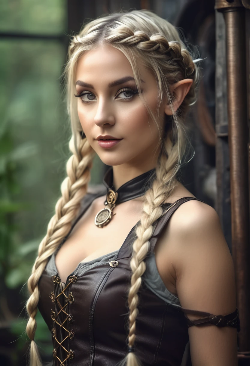 (Realisttic:1.2), analog photo style, Beautiful Elf woman, posing, with long blond hair braided, (steampunk dark fantasy atmosphere), soft natural light, cute and sexy, great quality, Masterpiece, detailed strange background, better performance, 16k quality, HDR, RAW photo