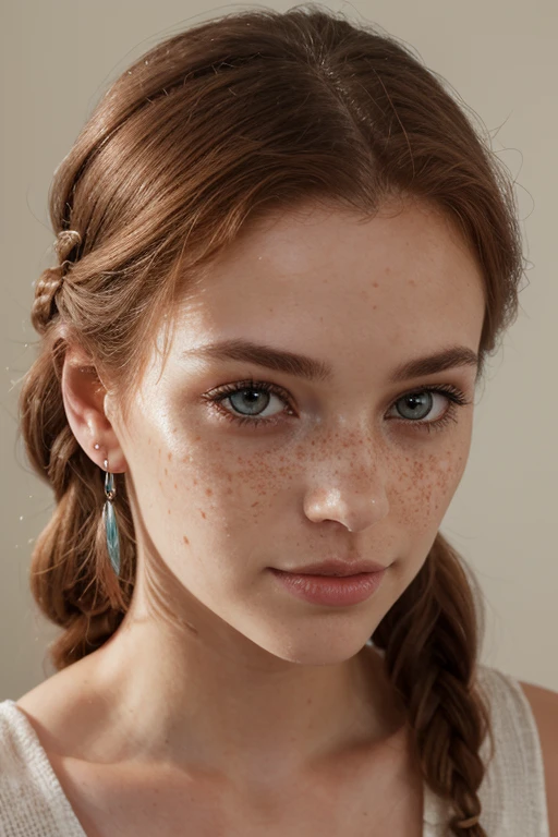 perfect face, (masterpiece, best quality, ultra-detailed, highres, 4k), (beautiful detailed eyes), (Realistic, Photorealistic: 1.37), Ultra Detailed, Soft Light, (1girl), Anatomically correct, ((22 years old beautiful girl)), (Long wave auburn hair), (viking braids), multiple ear thin silver piercings, ((aquamarine eyes)), redhead, auburn hair, blush, glossy lips, thin lips, half-open lips, realistic, freckles, portrait,