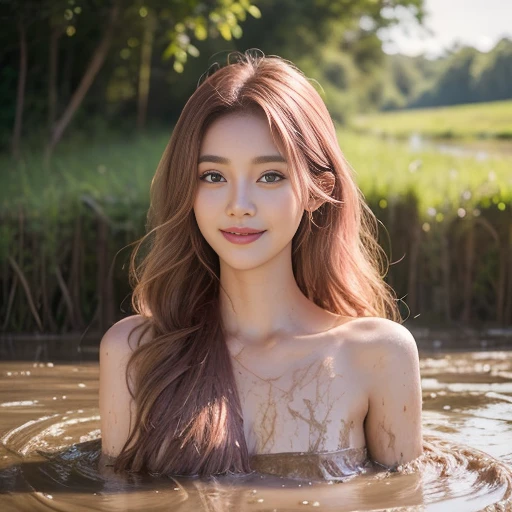 ((Long shot)), beautiful young woman facing in front (extremely long pink curly hair floating on top of mud water), ((both exposed shoulders)), ((wading and bathing nude in mud river, both shoulder depth portrait)), smiling, cute, pretty, extremely beautiful, nature ((best quality)), ((masterpiece)), (detailed), perfect face