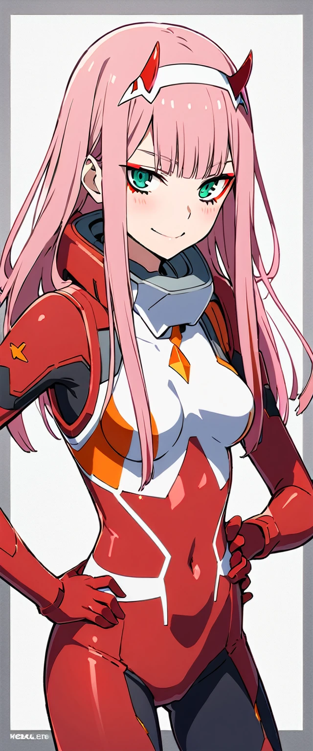 zero two \(darling in the franxx\), darling in the franxx, detailed background, 1girl, bangs, biting, blush, covered navel, eyeshadow, green eyes, hair behind head, hand on hip, horns, smile, long hair, looking at viewer, makeup, medium breasts, pilot suit, red suit, pink hair, red eyeshadow, science fiction, skin tight, solo